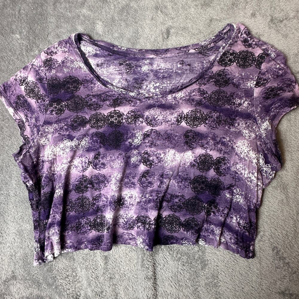 Women’s Cropped Shirt Top Tie Dye Purple Black Medallion Scoop Neck Size M